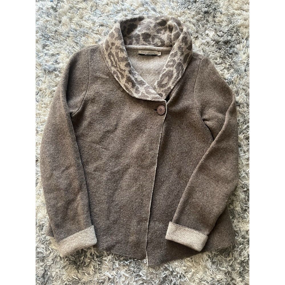 Chiaramente Cardigan One Button Womens Small Wool Blend Brown leopard Contrast